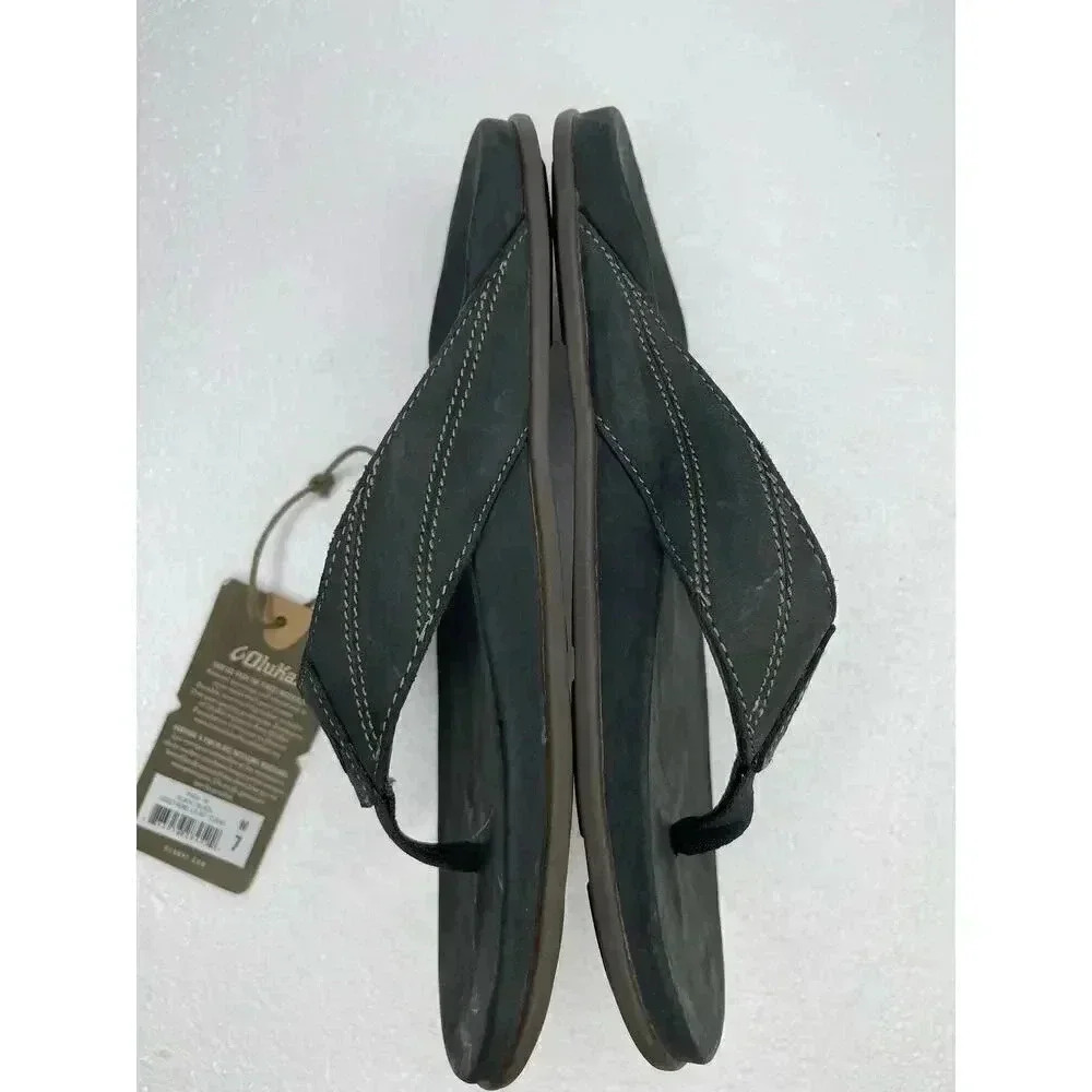 OluKai Pikoi sandal Men size 7 New Leather flip flops black - Picture 3 of 8